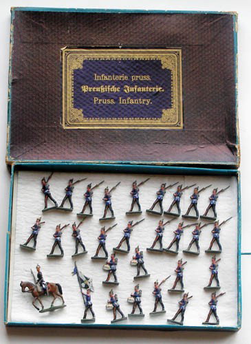 Schiller SCARCE Prussian Infantry Mounted Officer : Schiller SCARCE Prussian Infantry with Mounted Officer, Flag Bearer and Drummers & Original Box. Pre War. 29 Pieces.