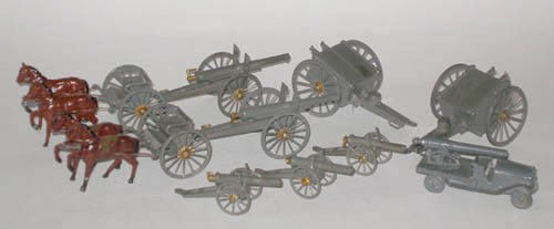 French Artillery By Simon Rivollet: French Artillery By Simon Rivollet, Two Horse Drawn Gun Teams, Two Ammunition Trailers and 4 Other Cannons including a Truck mounted Gun. Unboxed. Pre War.