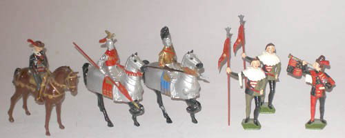 Britains Set # 1258 Tournament Set: Britains Set # 1258 Tournament Set with Squires Marshall Herald and Mounted Knights. Unboxed. Post War. 6 Pieces