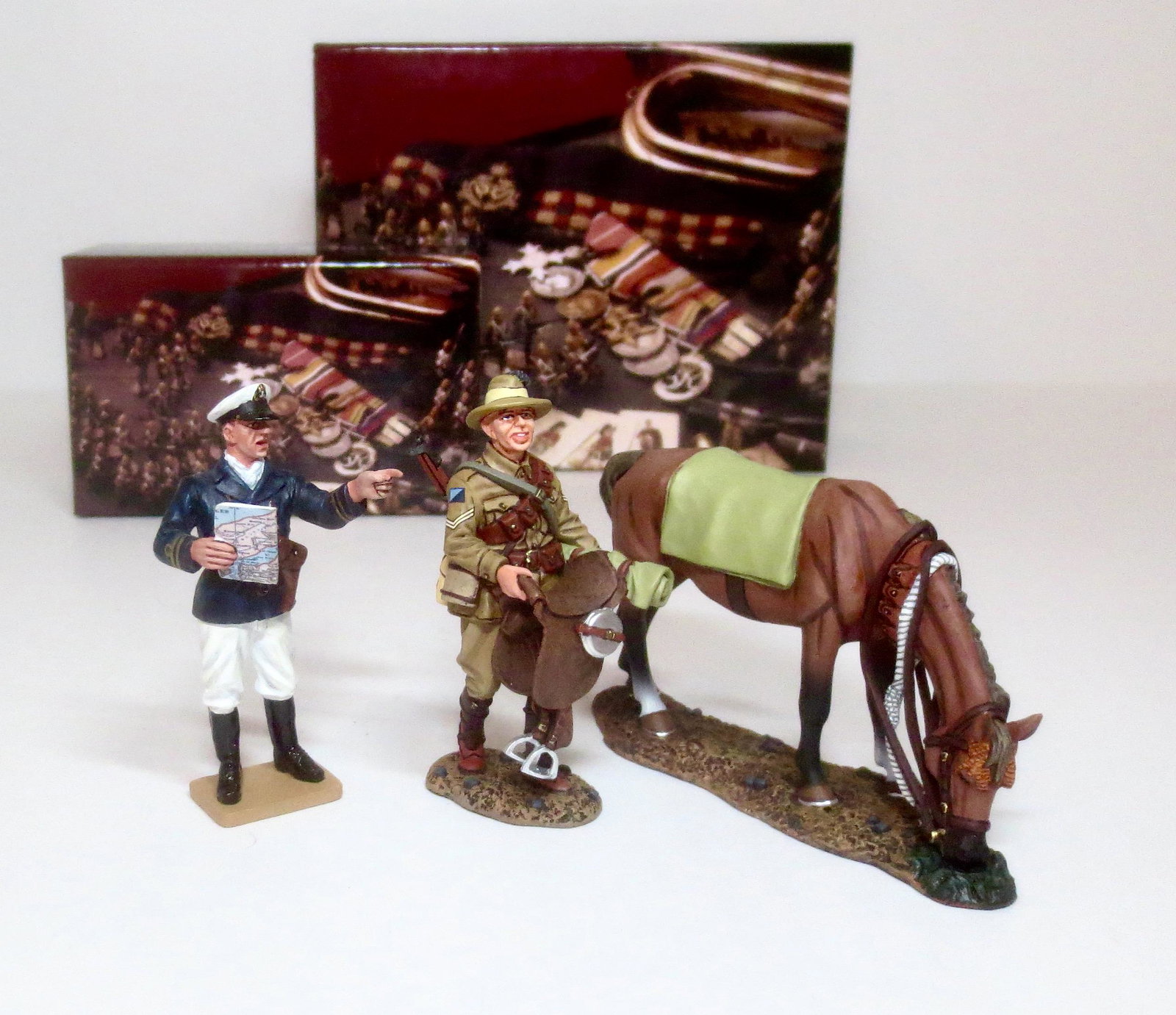 King & Country #GA012 Royal Navy Officer: And, Australian Light Horse Preparing to Mount #AL079. 3 pieces. Mint condition. Boxes excellent.