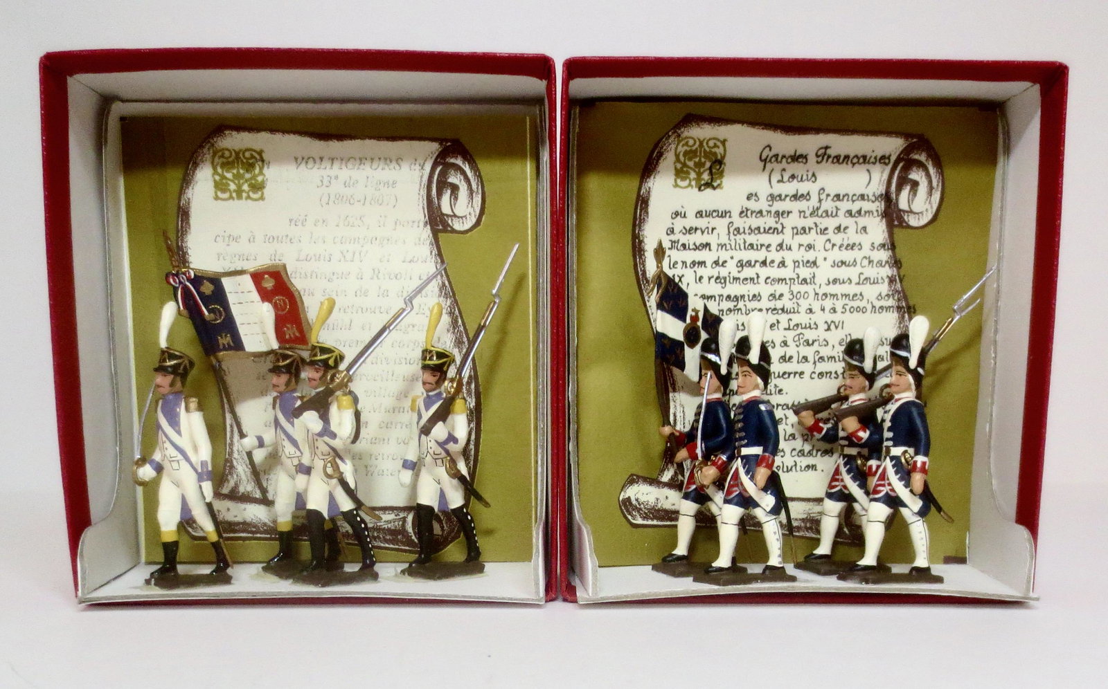 Mignot Voltigeurs 33rd de Ligne: And, French Guardes. 8 pieces. Mint condition. Boxes excellent.