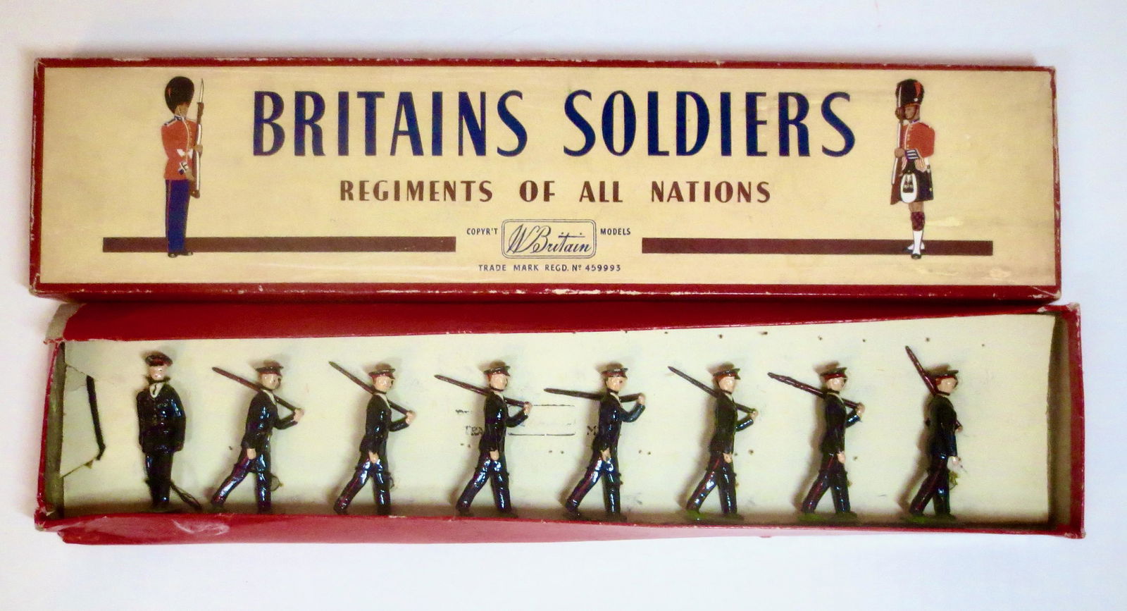 Britains #2030 Australian Army Infantry: Post war issue. 8 pieces. Excellent condition. Retied to card in box. Box top excellent, bottom crushed.