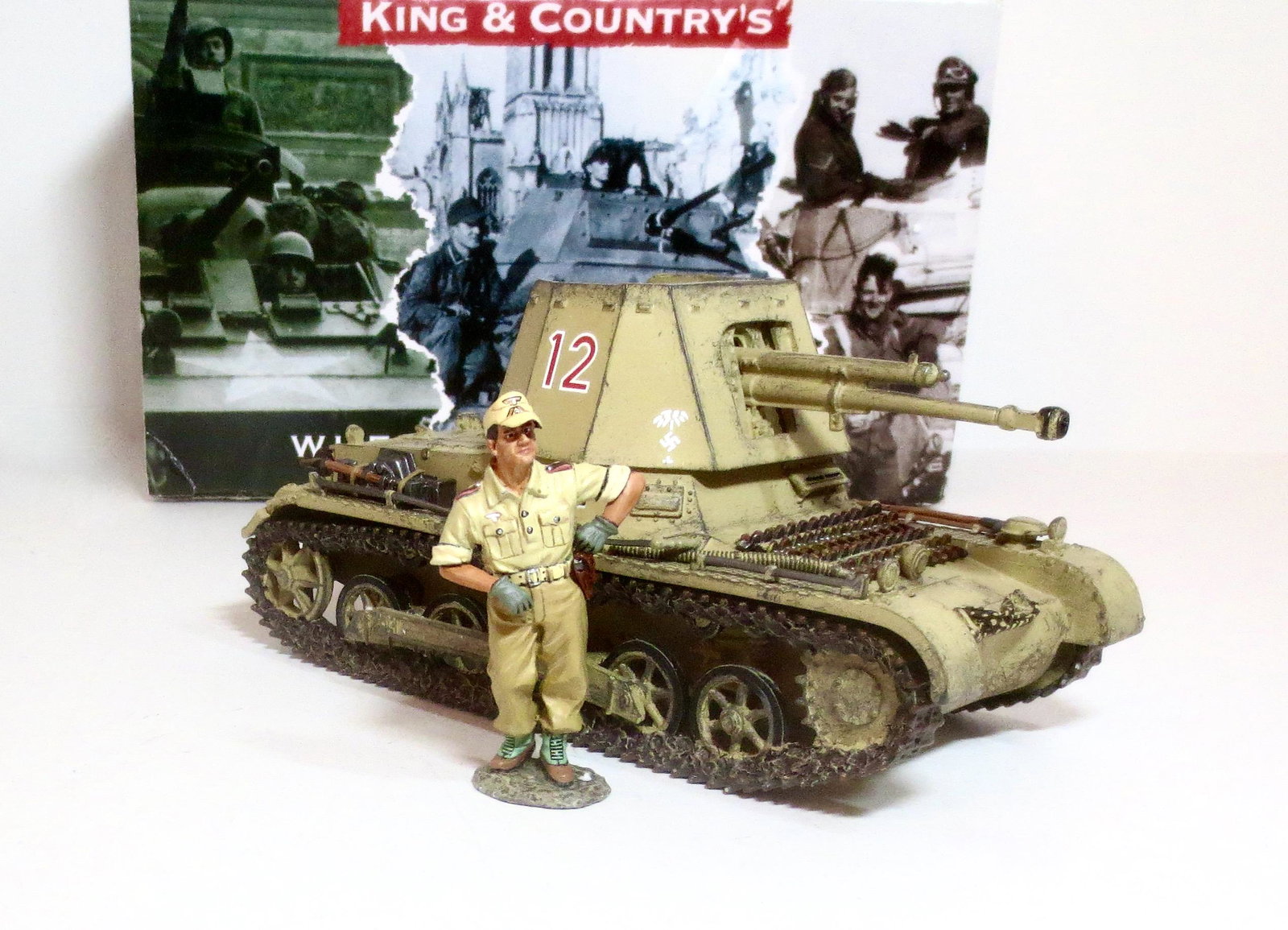 King & Country #AK084 Panzerjager 1: Based on a Panzer 1 tank chassis this self-propelled gun mounts a 4.7 cm Czech-made Skoda gun and was the first German tank destroyer of WW2. Retired set. 2 pieces. Mint condition. Box excellent.