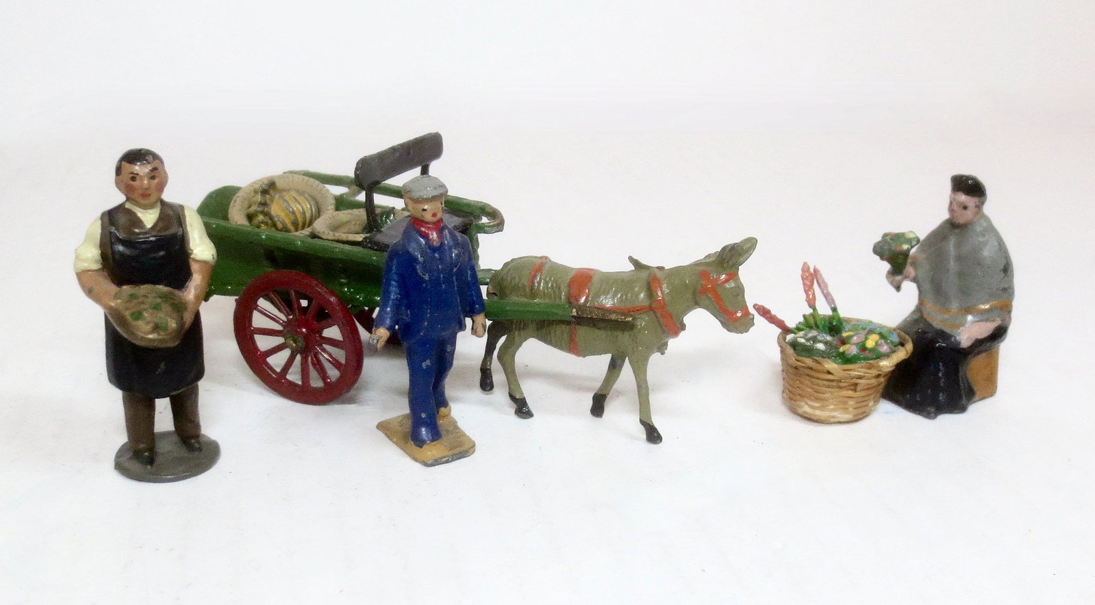 RARE Johillco Market Garden Seller: With Charbens Coster & Donkey Cart, and Charbens Flower Seller (replacement basket). 8 pieces. Excellent to very good condition (flower seller retouched).