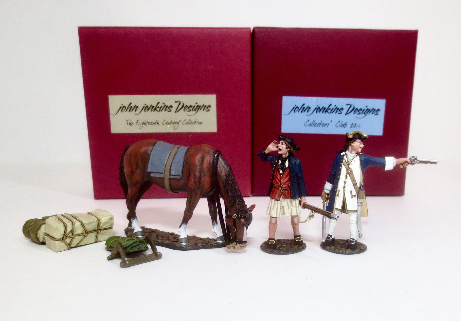 John Jenkins "Battle on The Monongahela, 1755": Lieutenant Spendclowe and Midshipman Haynes with Pack Horse. 7 pieces. Mint condition. Boxes excellent.
