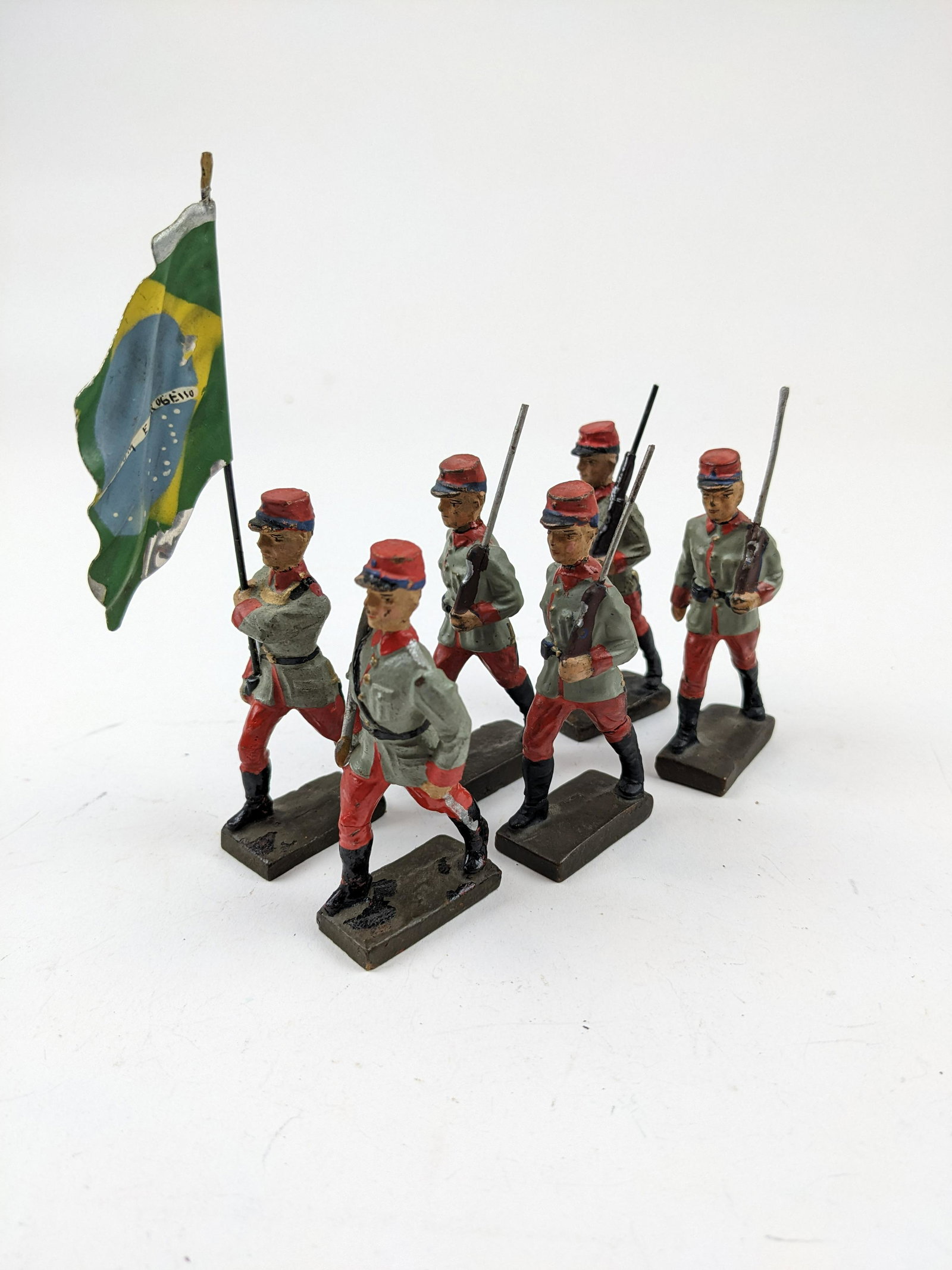 Lineol Brazilian Troops Marching 7cm: 6 Pieces Condition Very Good (1 Gun Restored)