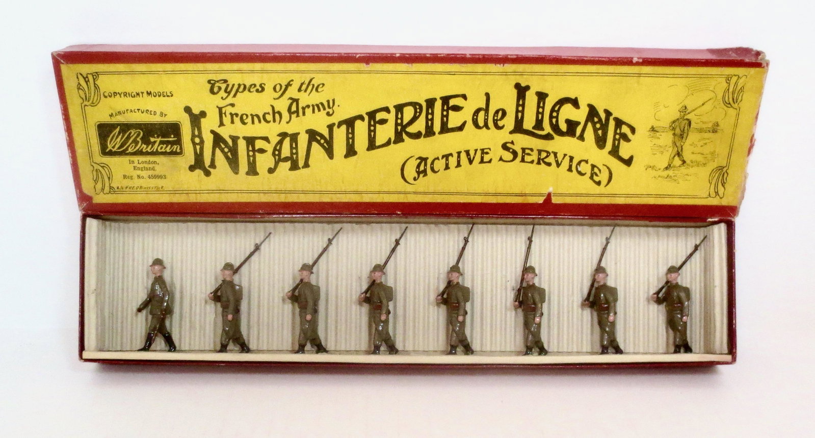 Britains #192 Infanterie de Ligne: Active Service Dress. Pre war issue. 8 pieces. Mint to near mint condition. Whisstock label box, excellent.