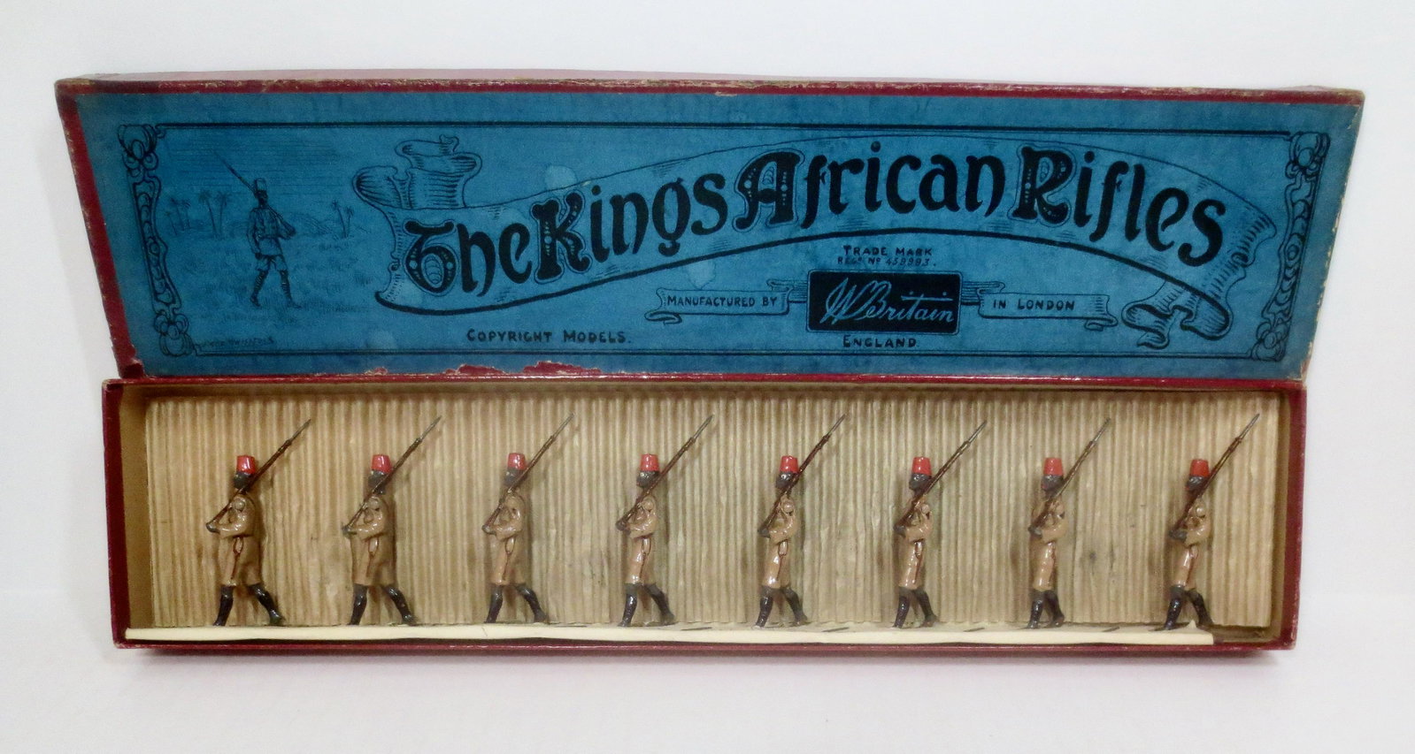 Britains #225 The King's African Rifles: Pre war issue. 8 pieces. Mint to near mint condition. Original Whisstock illustrated label box good (one top corner split).