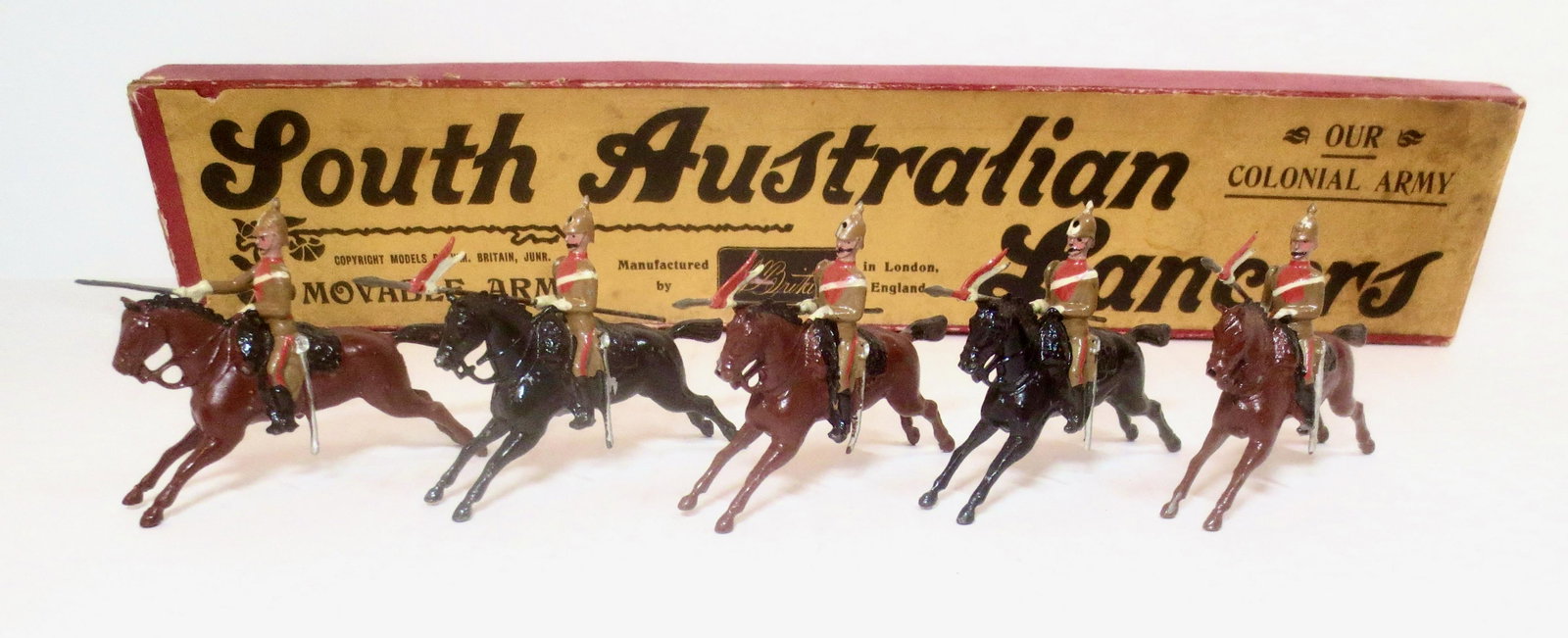 Britains #49 South Australian Lancers: Pre war issue. 5 pieces. Mint to near mint condition. Box good (one top corner split).
