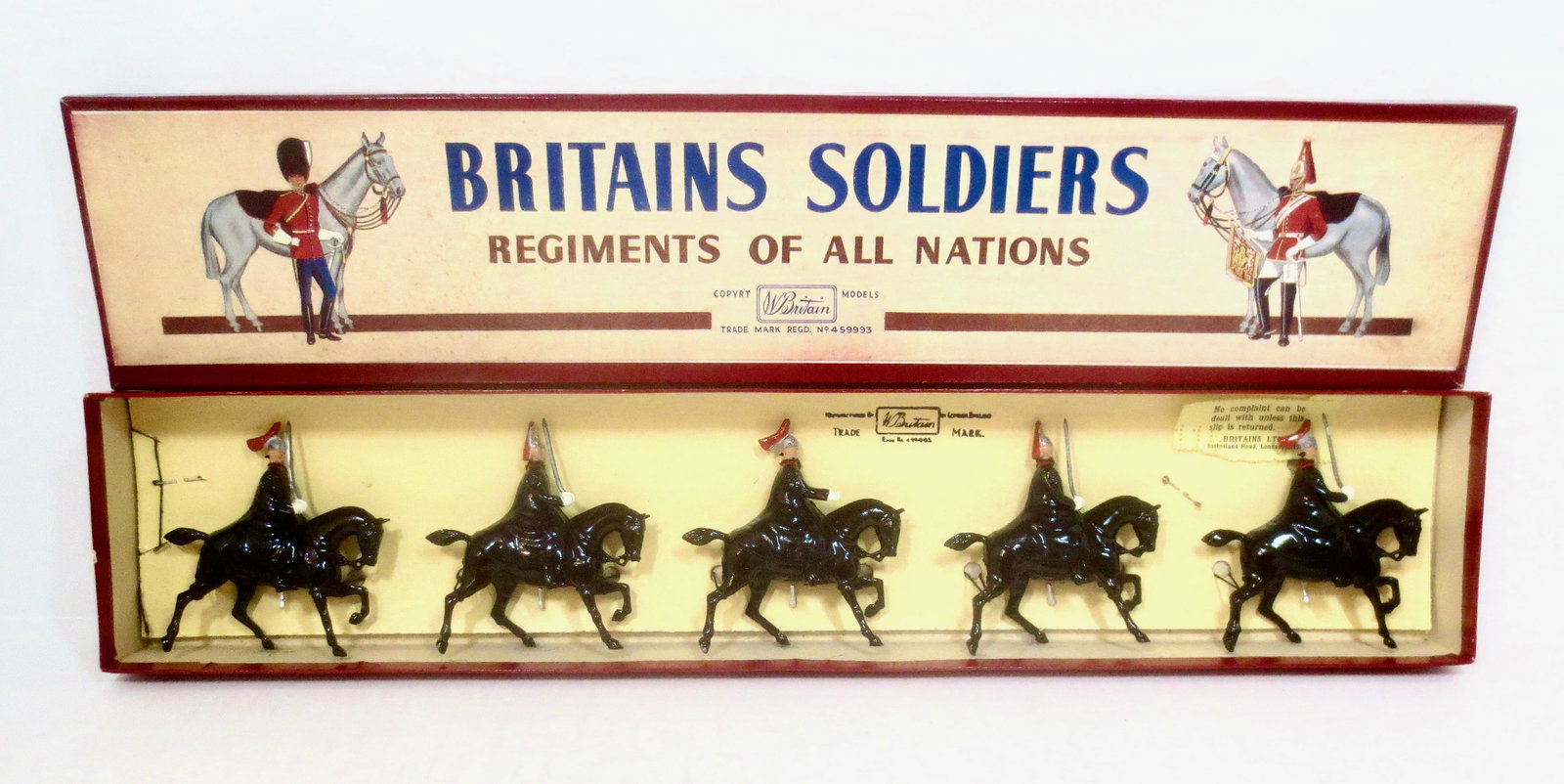 Britains #1343 The Royal Horse Guards Cloaked: Post war issue. 5 pieces. Mint condition, tied to card in box. Box excellent.