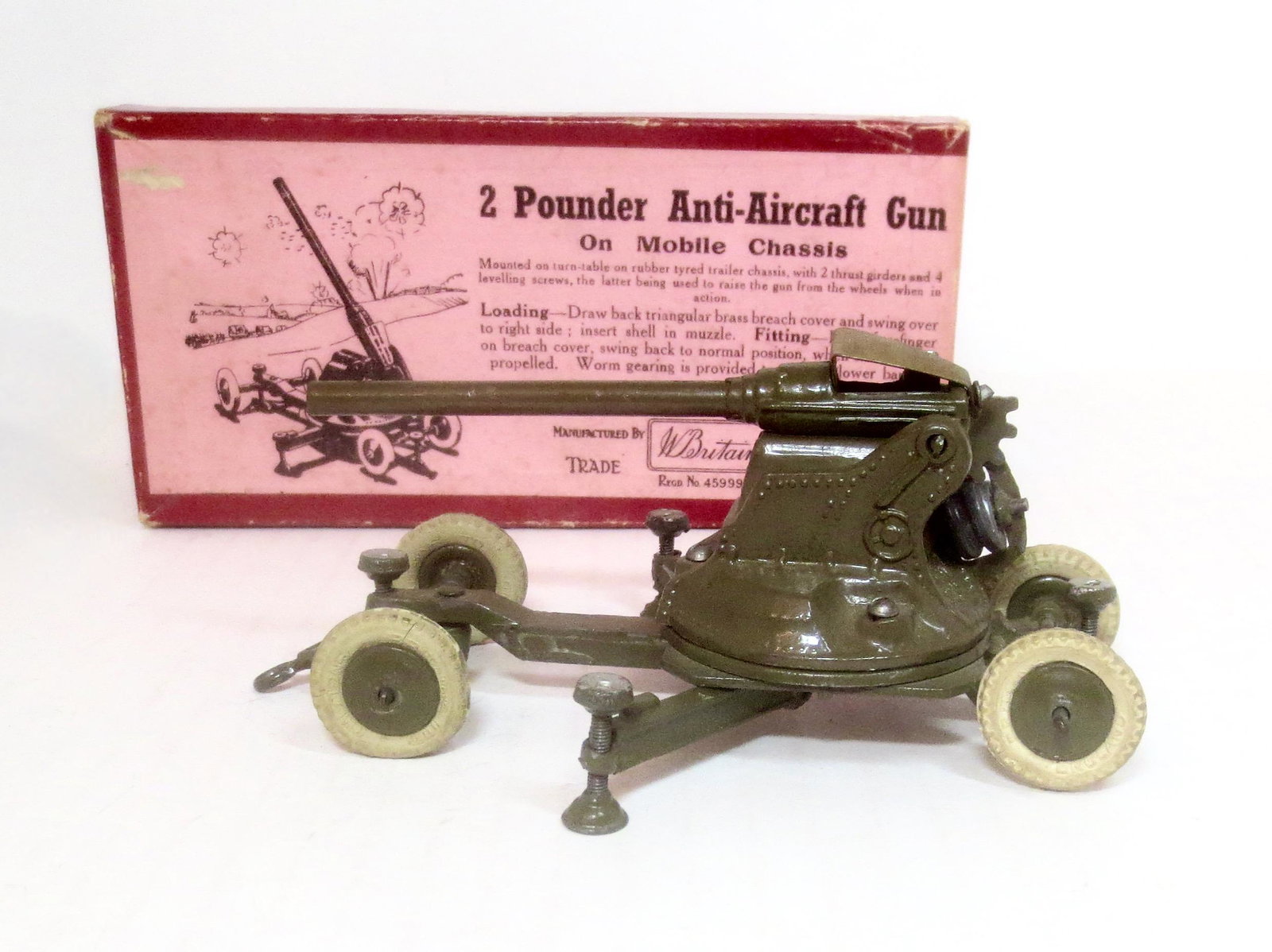 Britains #1717 2 Pounder Anti Aircraft Gun: On Mobile Chassis. Pre war issue. Excellent condition. Box excellent.