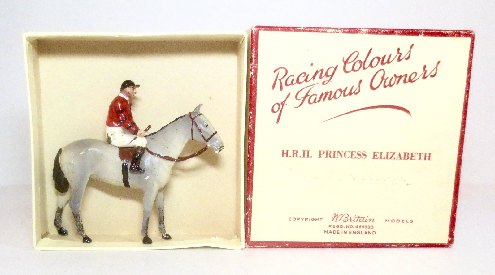 Britains #RC82 Racing Colours of Famous Owners: Mme. Leon Volterra. 2 pieces. Excellent condition loose in original box. Box good (missing tie card).