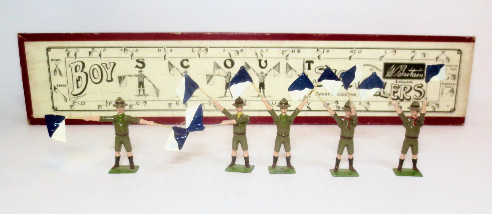 Britains #163 Boy Scout Signalers: Pre war issue. 5 pieces. Mint to near mint condition. Box excellent.
