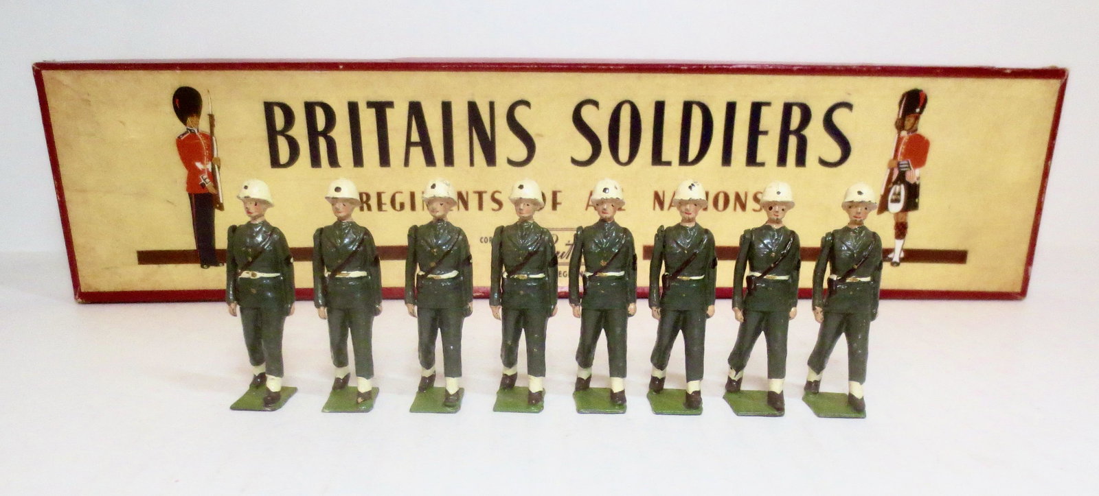 Britains #2021 U.S. Military Police "Snowdrops": Post war issue. 8 pieces. Mint to near mint condition. Box very good, but missing tie card.