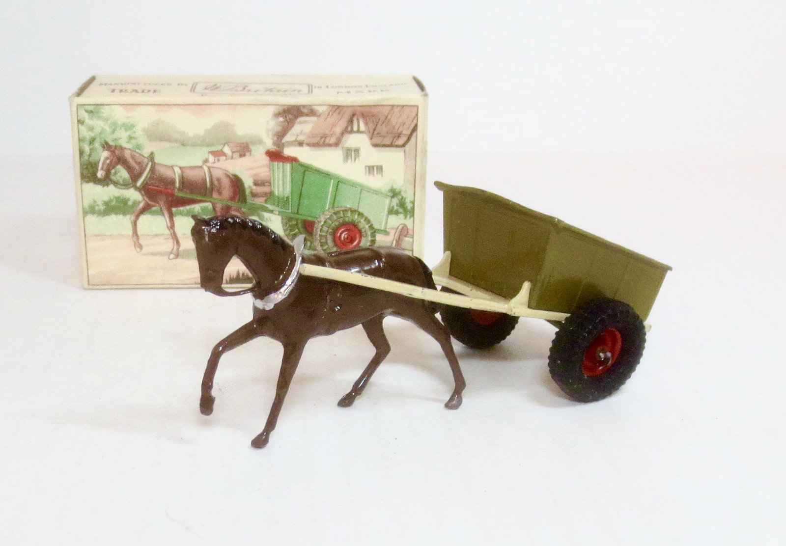 Britains #126F Horse Drawn Farm Cart: Rubber Tyred. Post war issue. 2 pieces. Mint condition. Box excellent.