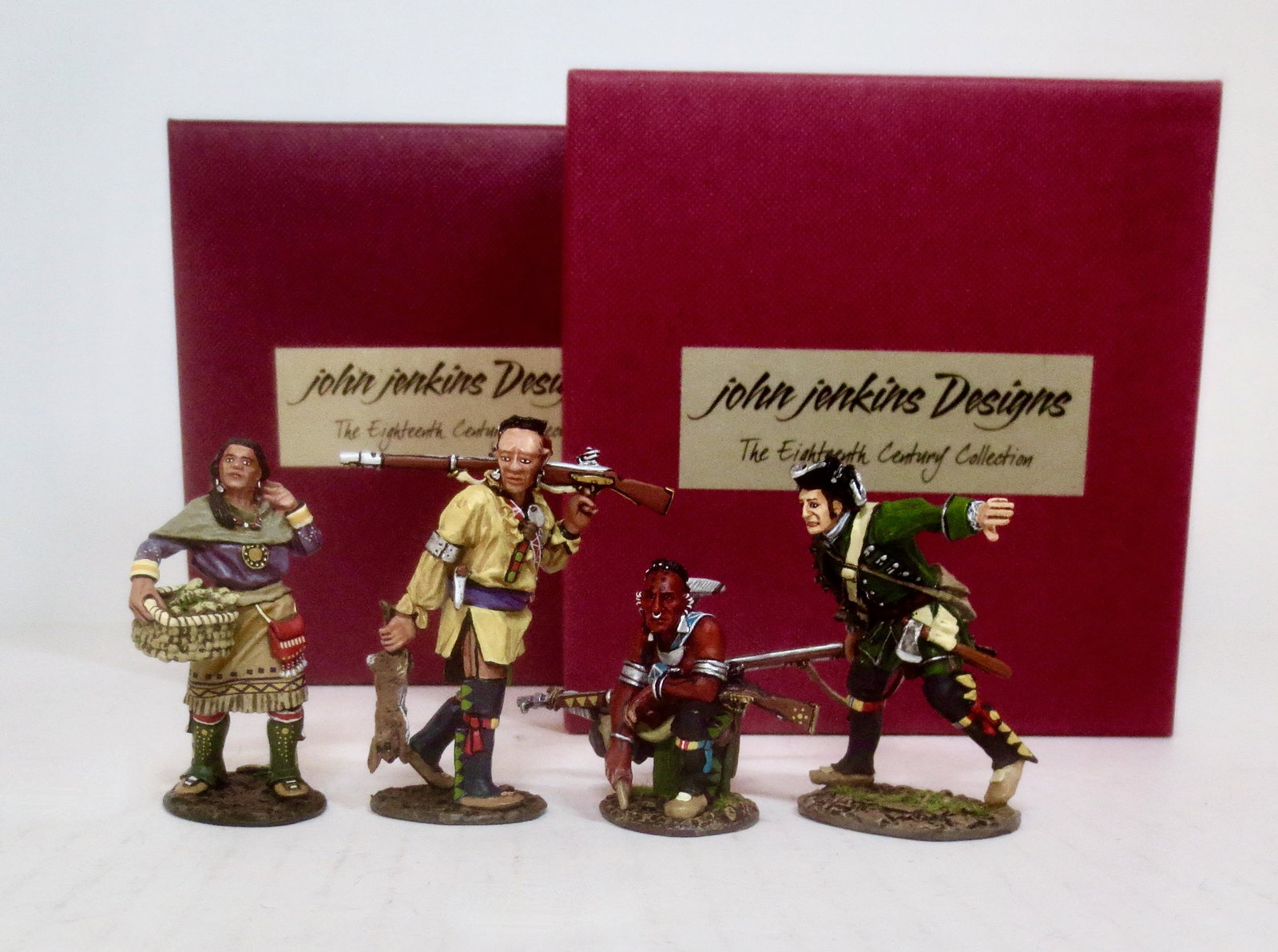 John Jenkins 'The Raid on St. Francis': Two boxed sets. Captain Joseph Waite and Indian Scout #RR08, and The Hunters #RSF02. 4 pieces. Mint condition. Boxes excellent.