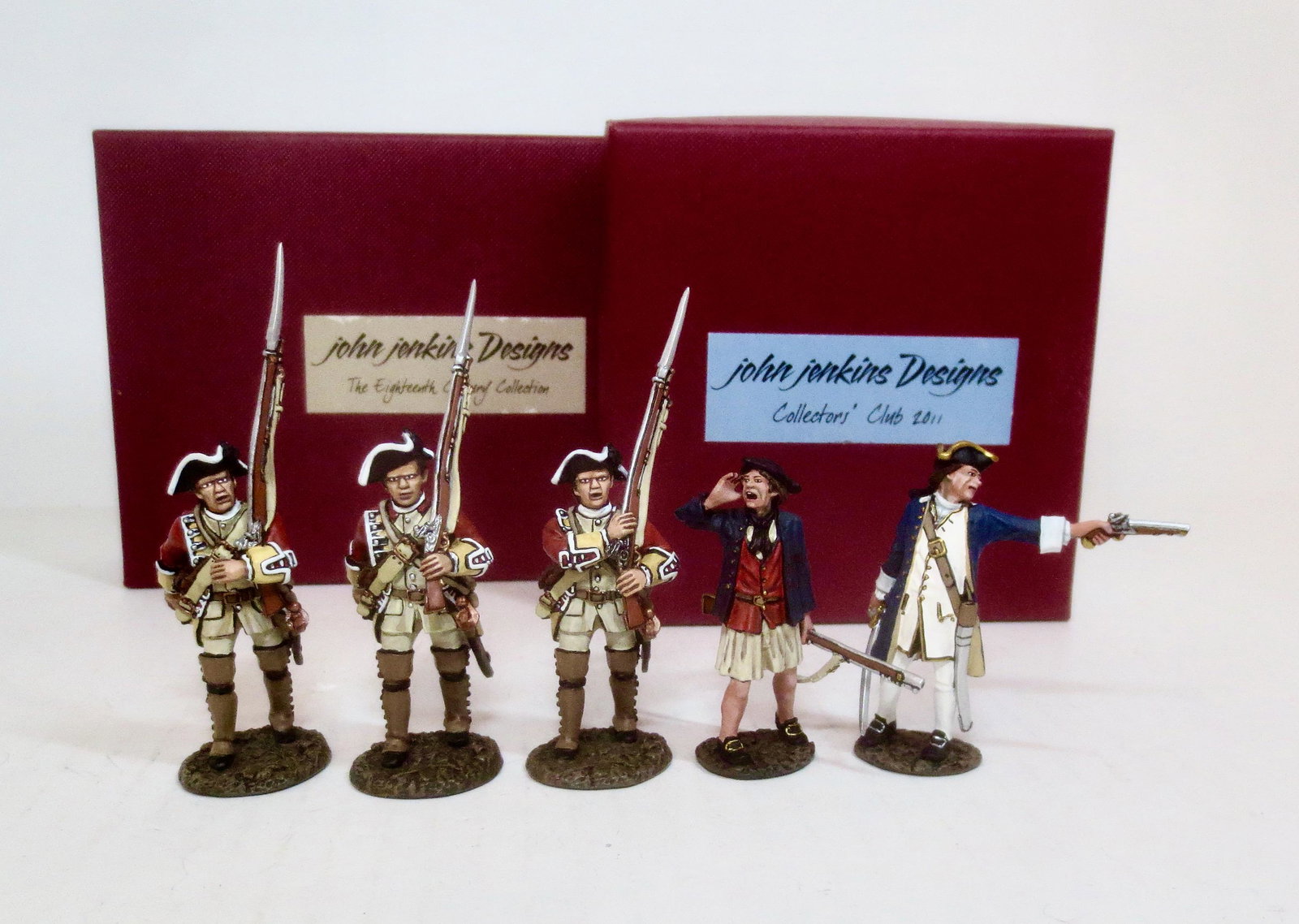 John Jenkins 'The Battle on The Monongahela': Lieutenant Spendelowe and Midshipman Haynes #JJClub#10, and 44th Regiment of Foot marching #BM05. 4 pieces. Mint condition. Boxes excellent.