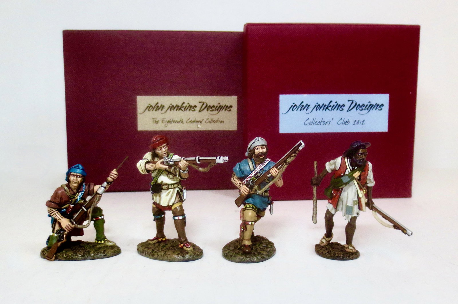 John Jenkins 'The Battle on The Monongahela': Two boxed sets. Samuel Jackson #JJClub2012A, and Runners of the Woods Skirmishing #FM04. 4 pieces. Mint condition. Boxes excellent.