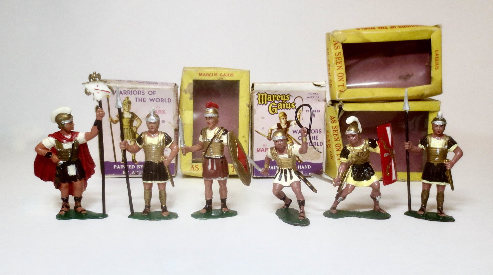Marx Warriors of The World: Plastic soldiers of the Roman Legion. 6 pieces. Mint to near mint condition. Boxes poor.