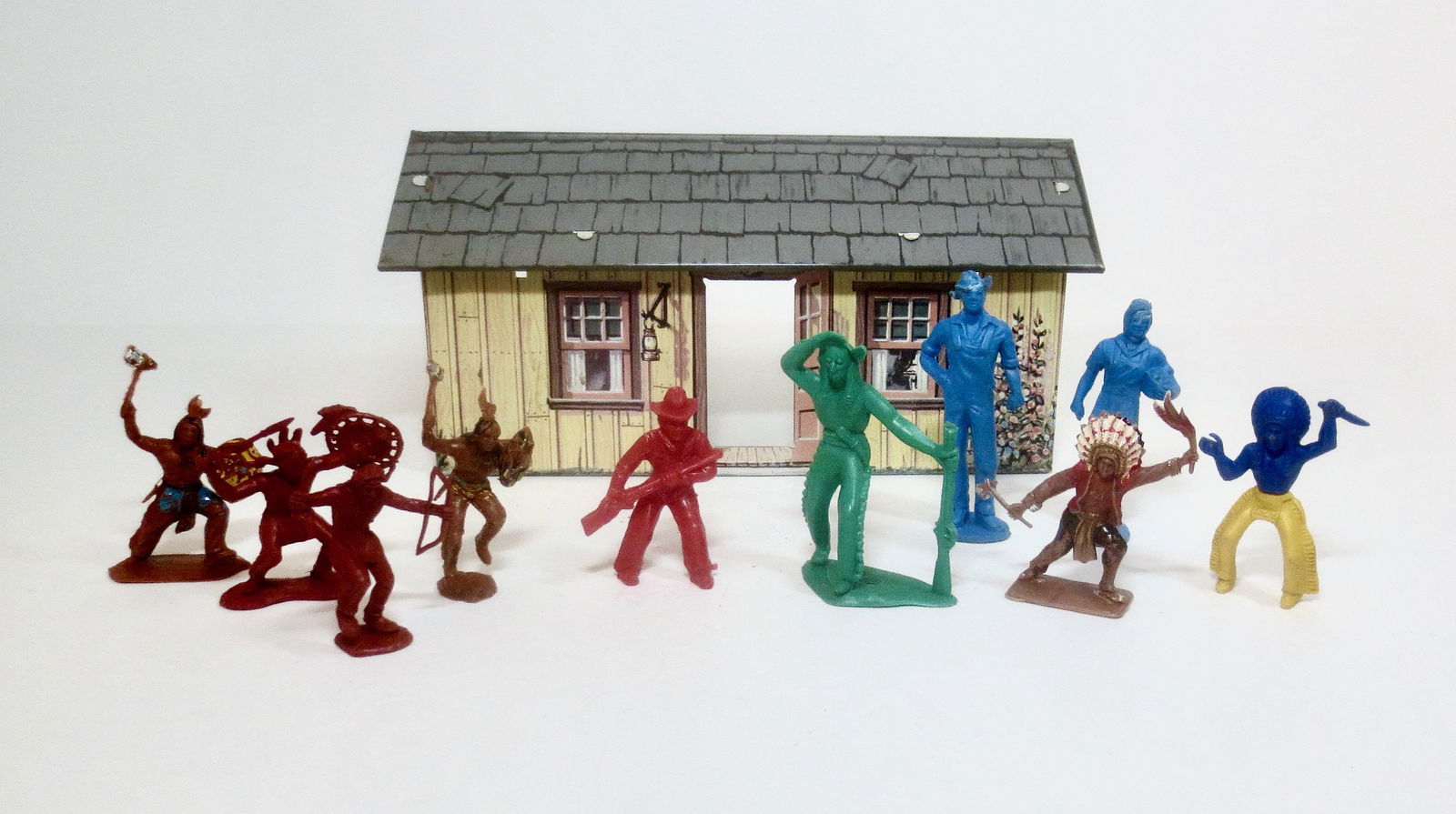 Marx Tin Cabin with Assorted Wild West Figures (1 of 1)