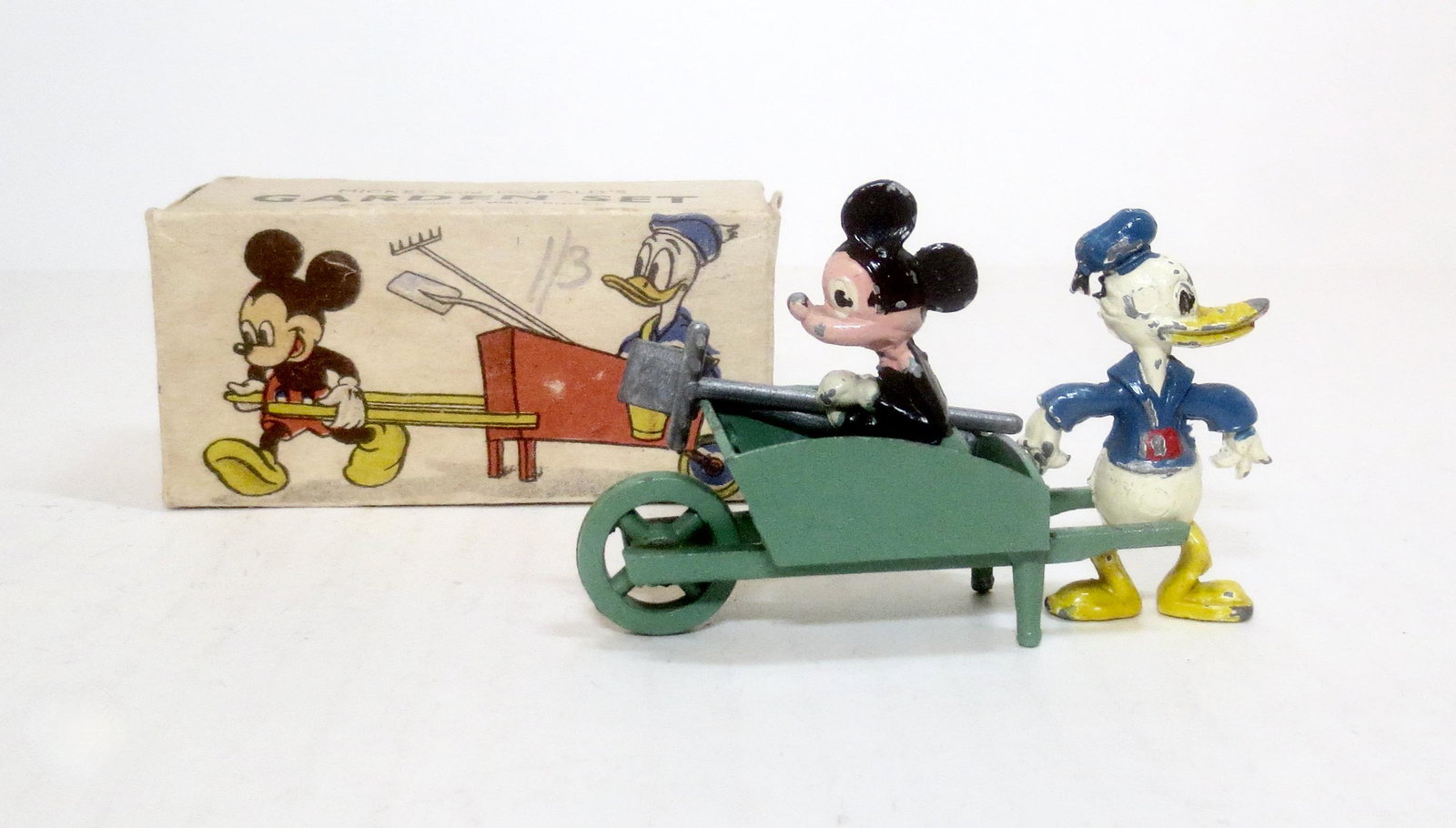 Salco Mickey and Donald's Garden Boxed Set: Circa 1950's. 3 pieces. Excellent condition. Box excellent.
