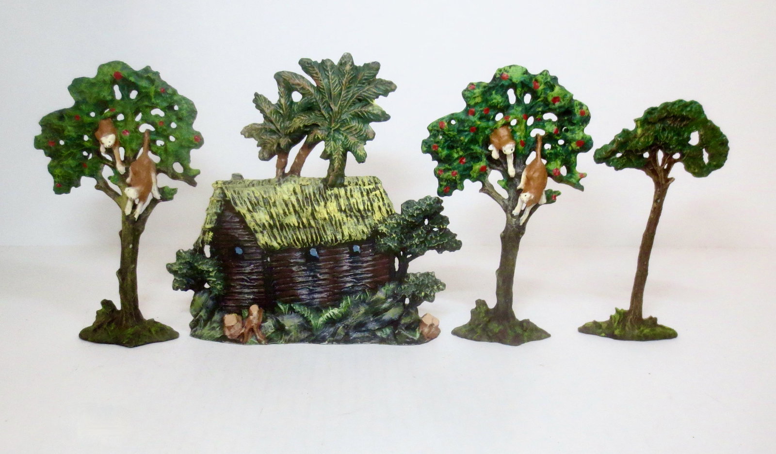 Jungle Hut & Monkey Trees: Resin. 4 pieces. 6"-7" tall. Near mint condition. Unboxed.