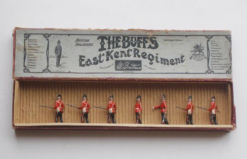 Britains From Set # 16 East Kent Regiment: Britains From Set # 16 East Kent Regiment at The Ready Pre War with Original Illustrated Whisstock Box and inner retaining card. 7 Pieces (One man missing, Bugler missing one arm, One helmet ball miss