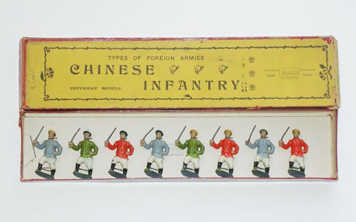 Britains Set # 241 Chinese Infantry: Britains Set # 241 Chinese Infantry Pre War. Tied in Original Types of Foreign Armies Box. 8 Pieces.
