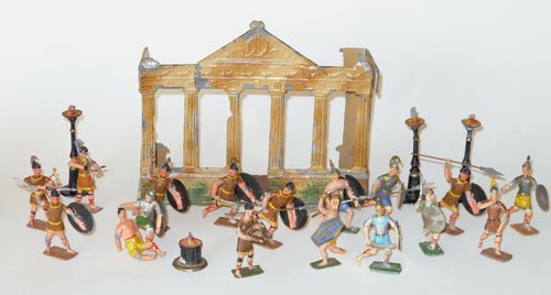Heyde From the VERY RARE FALL OF TROY set: Heyde From the VERY RARE FALL OF TROY set Tin plate building and three lanterns, with 20 figures a Duplex Group and Eternal Flame. 20 Pieces. Pre-War