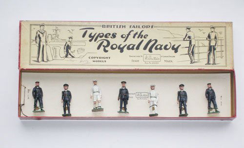 Britains Set # 1911 Officers of the Royal Navy: Britains Set # 1911 Officers of the Royal Navy Post War. Tied in Original Illustrated Types of the Royal Navy Box. 7 Pieces.