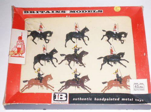 Britains Set # 9305 British Army Display Set: Britains Set # 9305 British Army Display Set Life Guards and 4th Hussars. Post War Tied in Original Cellophane fronted Box. 9 Pieces.