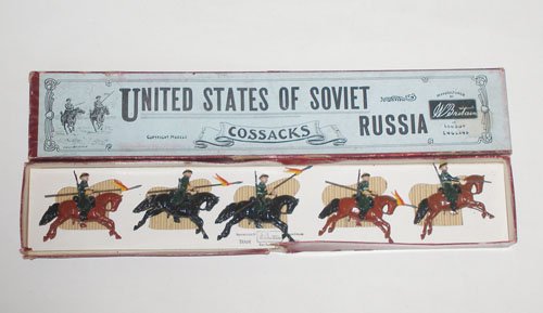 Britains Set # 136 United States of Soviet Russia : Britains Set # 136 United States of Soviet Russia Cossacks Pre War with Original Whisstock Box and Inner retaining card. 5 Pieces.