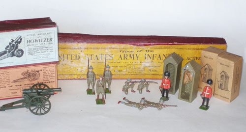 Britains Sets #1292 Royal Artillery Gun - Box: Britains Sets #1292 Royal Artillery Gun in Original Box Two # 329 Guardsman and Sentry Box with Original Boxes, Part Set 1251, 4 x U.S. Army in Campaign Hats Kneeling and Lying Firing (One Head damage