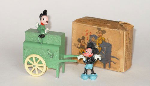Salco Disney Mickey Mouse and Minnie Mouse Barrel: Salco Disney Mickey Mouse and Minnie Mouse Barrel Organ in Green paint, Circa 1950 with Original Illustrated Box.