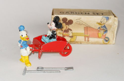 Salco Disney Donald Duck and Mickey Mouse: Salco Disney Donald Duck and Mickey Mouse in The Garden with Wheelbarrow and Garden Tools, Circa 1950 with Original Illustrated Box.