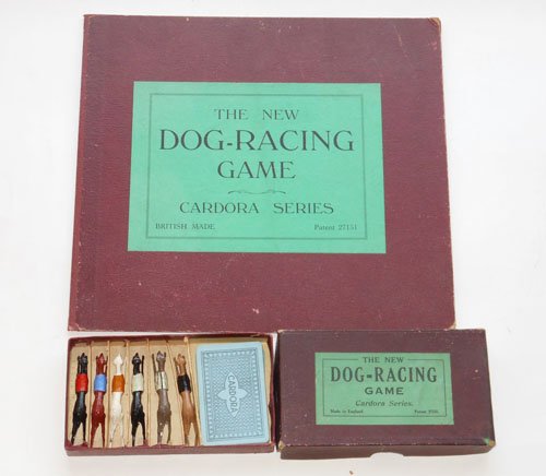 John Hill Johillco Cardora Greyhound Racing Game: John Hill Johillco Cardora Greyhound Racing Game and Board. Pre War. Six Running Greyhounds in Box.