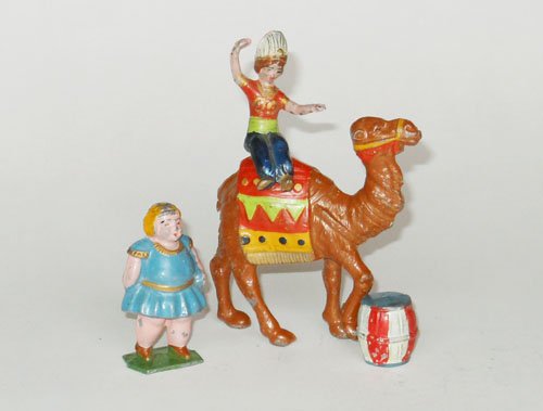 RARE Japanese Circus Figures.: RARE Japanese Circus Figures. Fat Lady, Circus Camel and Girl Rider and Barrel. Pre War. Unboxed.