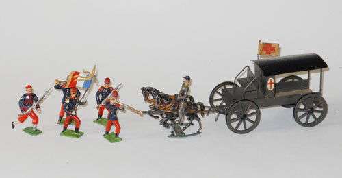 Heyde or Heyde Like French Infantry of the Line: Heyde or Heyde Like French Infantry of the Line Circa 1890 and a small scale Ambulance Wagon. Pre War. Unboxed. 6 Pieces.
