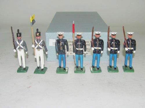 Martin Ritchie Set.2160 Drill Team,: Martin Ritchie Set.2160 Drill Team, Dress Blues, USMC & West Point Cadets, Officer, Gunnery Sgt. and Guidon Bearer 7 pieces with box