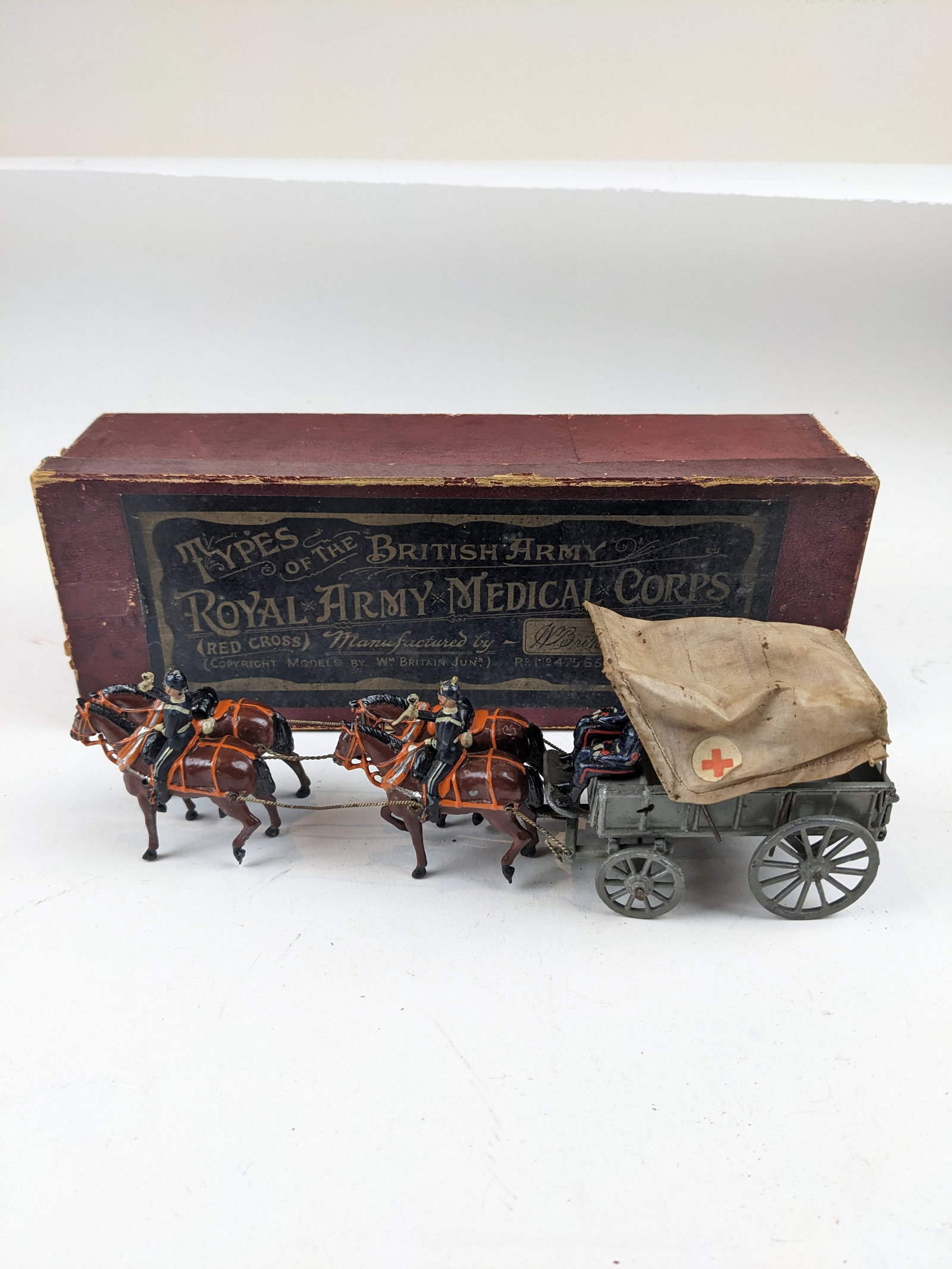 Britains #145 Royal Army MC Ambulance Wagon: Pre-War. 7 Pieces Condition Very Good 1 Missing Ball Box Good