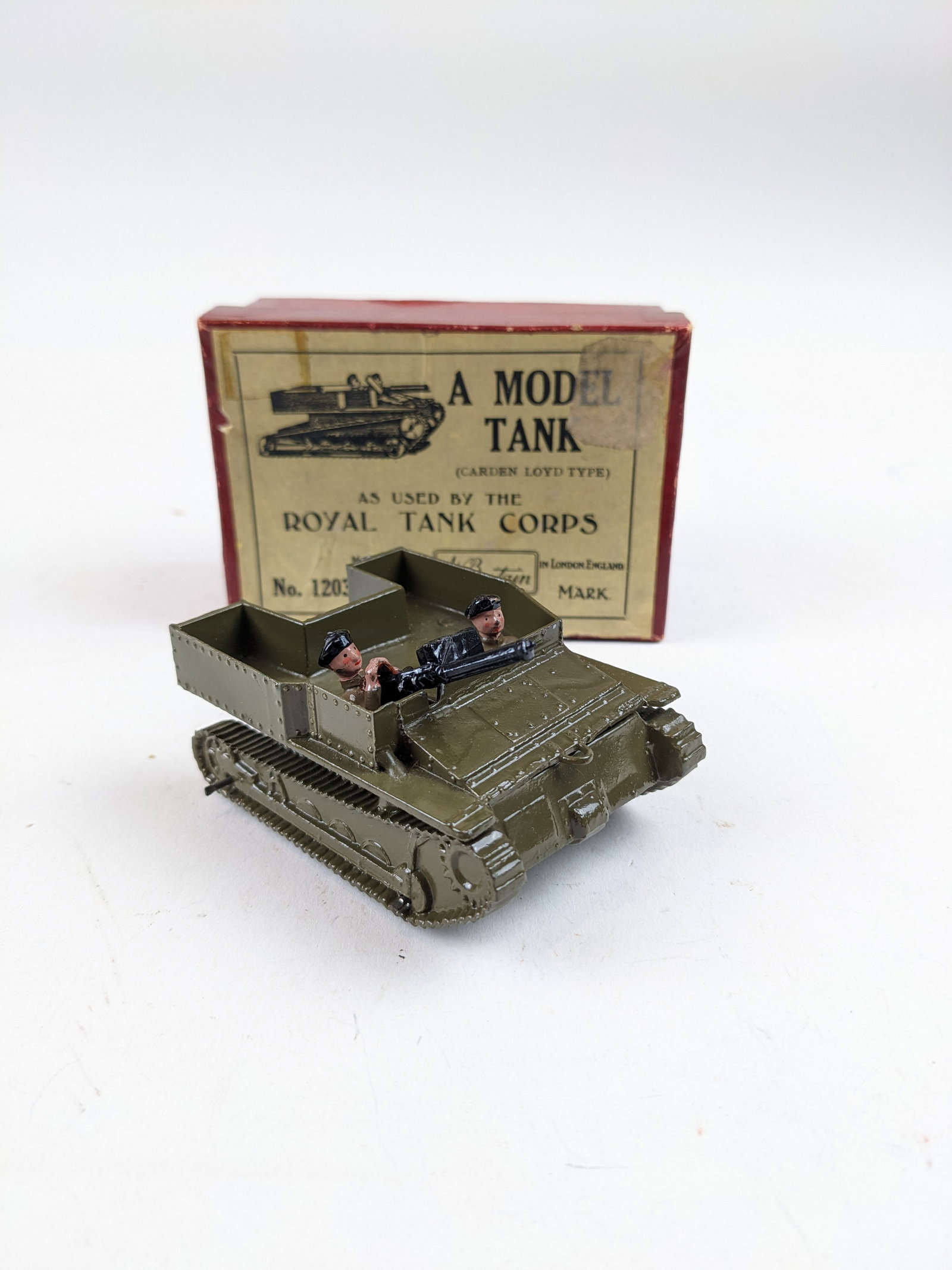 Britains #1203 Cardon Lyod Tank (metal tracks): Pre-War. 3 Pieces Condition Excellent Box Very Good