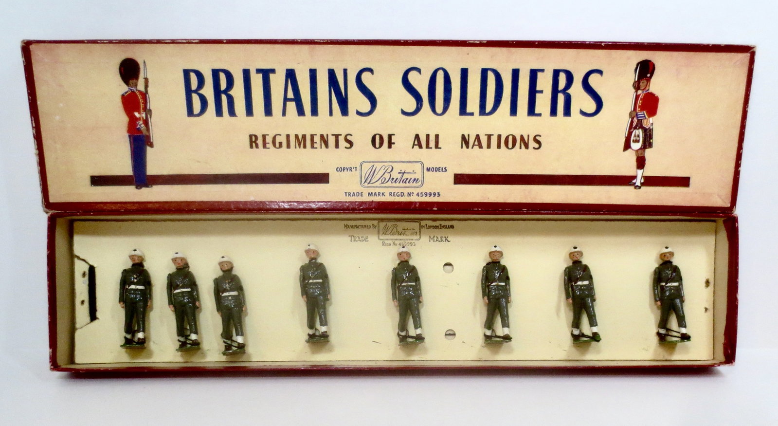 Britains #2021 "Snowdrops" Military Police: U.S. Army Military Police. Post war issue. 8 pieces. Mint to near mint condition, retied to replacement card in box. Box good (two top corner splits).