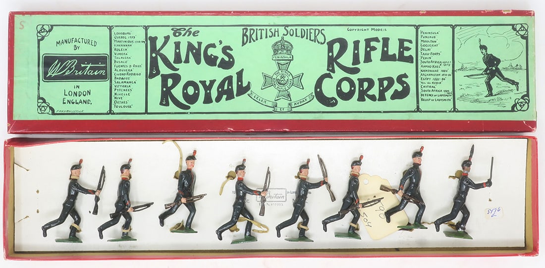Britains set #98, King's Royal Rifle Corps: in original Whisstock box, closed elbow, very good, box fair, 8 pieces, (c. 1935)
