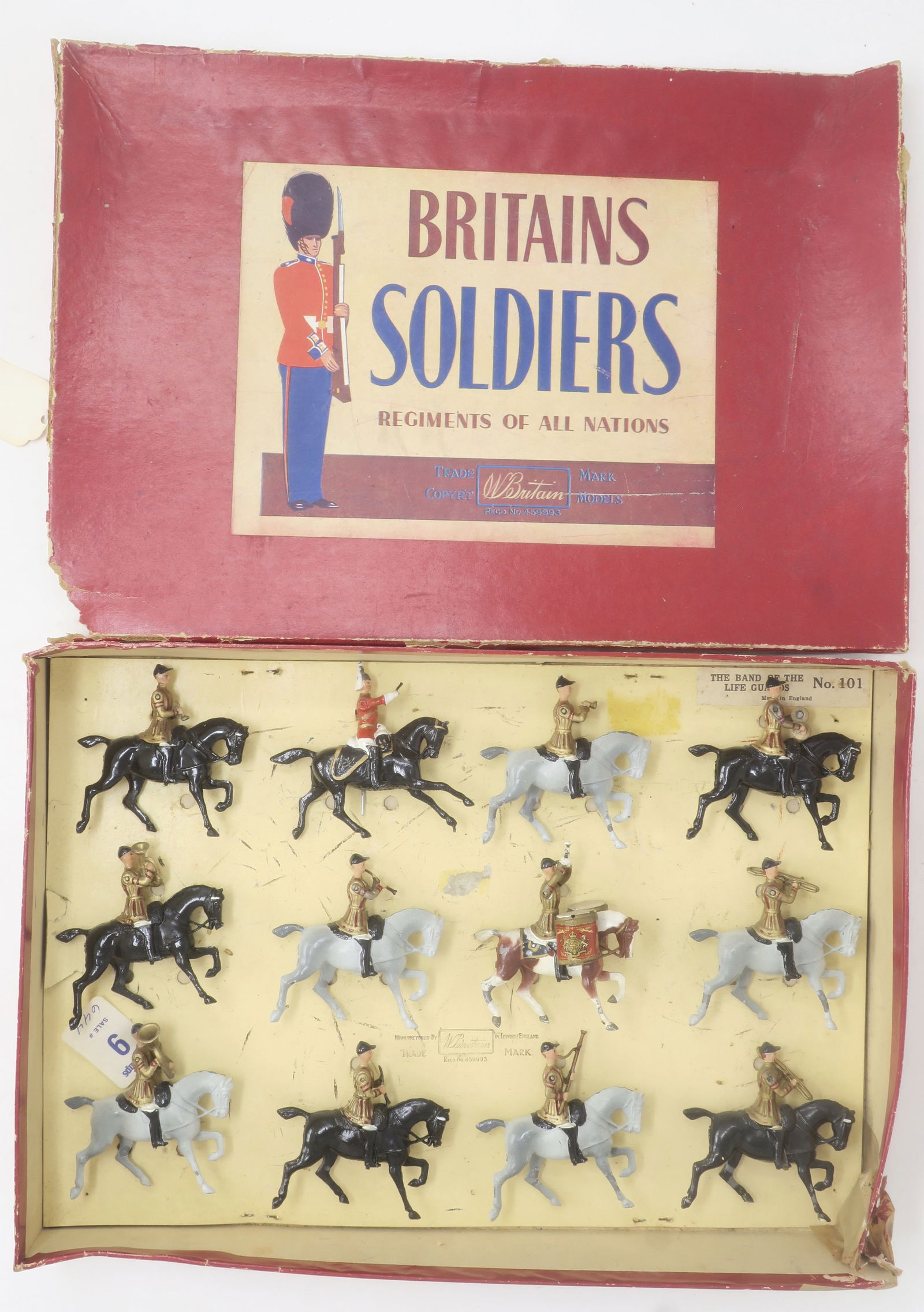 Britains set #101, Band of the Life Guards: in original box, very good, transfers gone, some legs bent; box fair -good, some damage to edges and one corner, 12 pieces, (c. 1959)