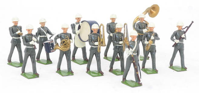 Britains set #2117, US Army band, steel helmets: rare, very good; drum transfers and 1 shoulder damaged, 12 pieces, (c. 1959)