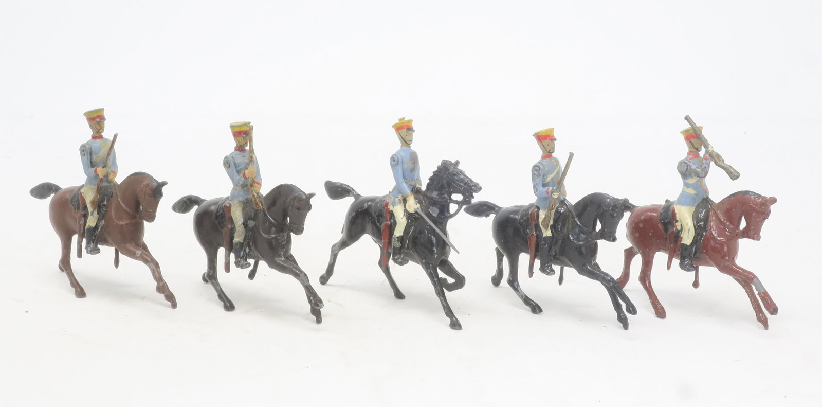 Britains set #135, Japanese Cavalry with officer: dated, long carbines, good; mismatched, 5 pieces, (c. 1920)