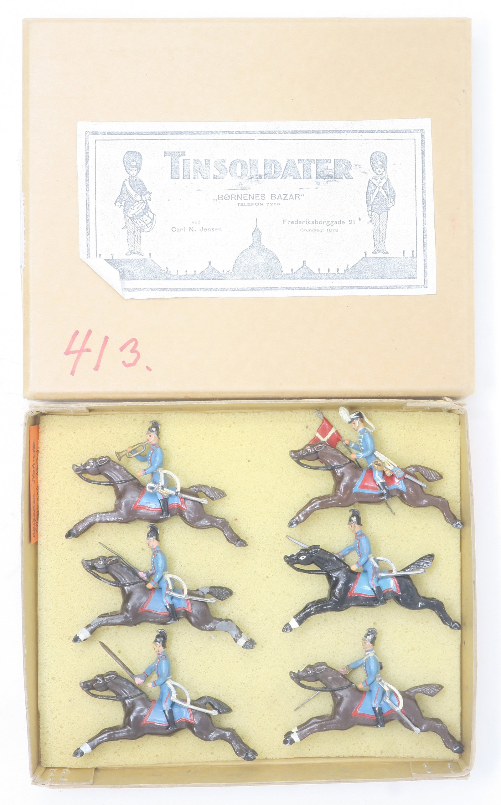 Brigadier-Statuette, Danish cavalry: in an original retailers, box good; some neat repairs, 6 pieces, (c. 1920)