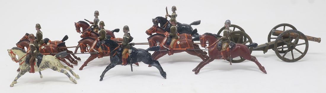 Britains set#126b, Royal Horse Artillery: gun team, service dress, 2nd version, dated; galloping horses, very good matching set, spring on gun gone; some minor repairs and retouching, 13 pieces, (c. 1922)