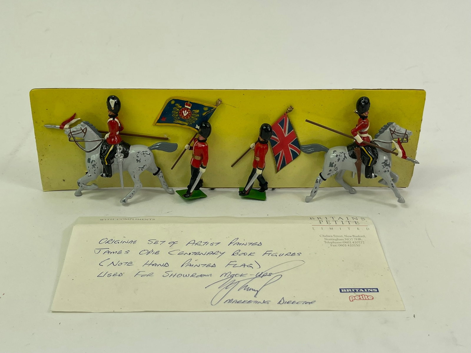 Britains James Opie Centenary Book Figures: One complete set, without original box, in excellent to near mint condition. Includes a handwritten note directly from Britains marketing director, stating that the flag has been hand painted and the 