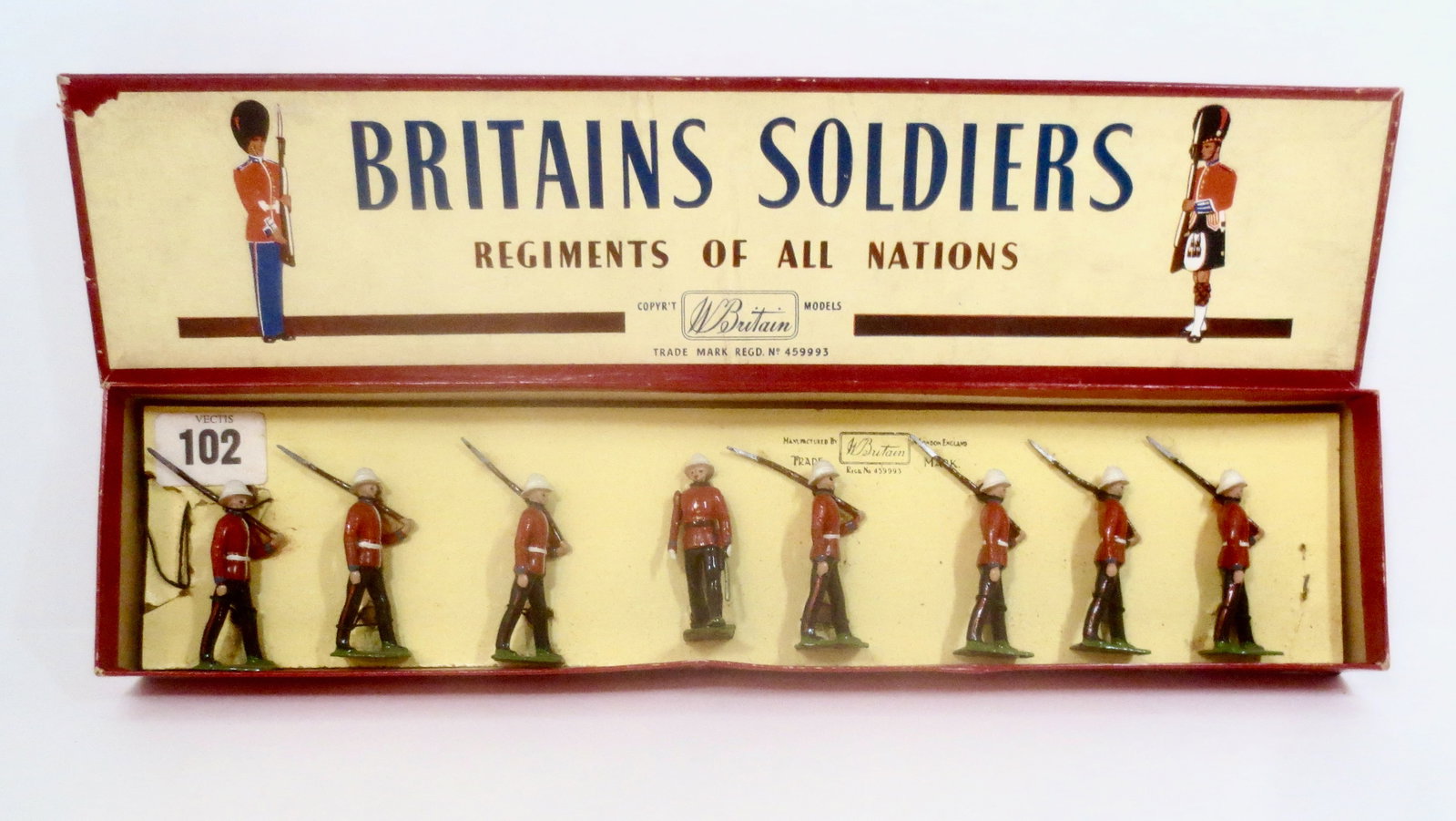 Britains #1633 Princess Patricia's Light Infantry: Post war issue. 8 pieces. Near mint condition. Retied to card in box. Box excellent.